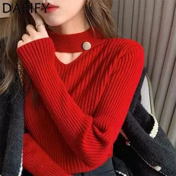 DAFIFY Женская мода повседневная осень-зима однотонный принт длинный рукав полуводолазка свитера One size красный