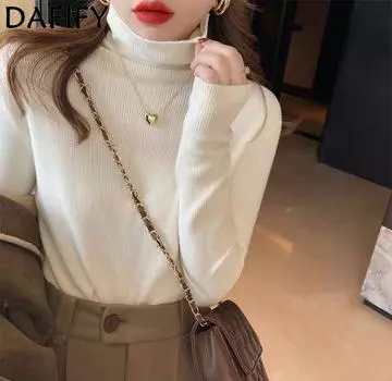 DAFIFY Женская мода повседневная осень-зима однотонный принт длинный рукав высокий ворот свитера Size: One Size бежевый