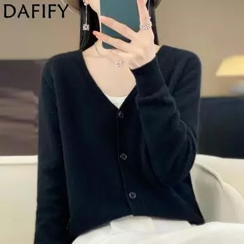 DAFIFY Женская мода повседневная осень-зима однотонный принт длинный рукав V-образный вырез свитера M чёрный