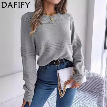 DAFIFY Женская мода повседневная осень-зима однотонный принт длинный рукав О-образный вырез свитера S серый