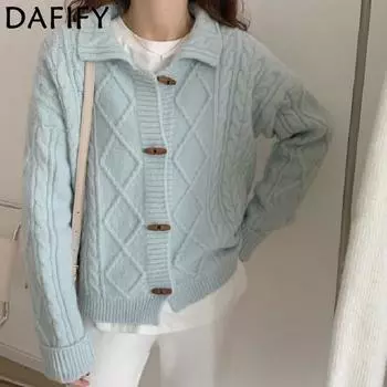 DAFIFY Женская мода повседневная осень-зима однотонный принт длинный рукав поло воротник свитера One size синий