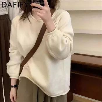 DAFIFY Женская мода повседневная осень-зима однотонный принт длинный рукав О-образный вырез свитера One size бежевый