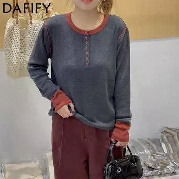 DAFIFY Женская мода повседневная осень-зима однотонный принт длинный рукав О-образный вырез свитера Size: One Size серый