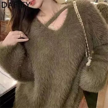 DAFIFY Женская мода повседневная осень-зима однотонный принт длинный рукав V-образный вырез свитера Size: One Size