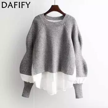 DAFIFY Женская мода повседневная осень-зима однотонный принт длинный рукав О-образный вырез свитера One size серый