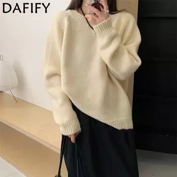 DAFIFY Женская мода повседневная осень-зима однотонный принт длинный рукав О-образный вырез свитера One size