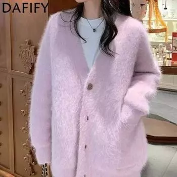 DAFIFY Женская мода повседневная осень-зима однотонный принт длинный рукав V-образный вырез свитера Size: One Size светло-фиолетовый