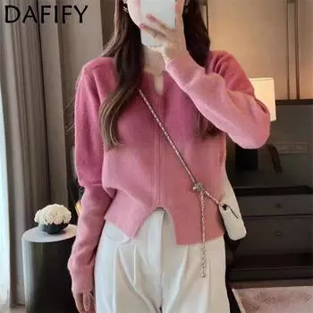 DAFIFY Женская мода повседневная осень-зима однотонный принт длинный рукав V-образный вырез свитера One Size розовый