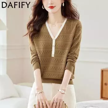 DAFIFY Женская мода повседневная осень-зима однотонный принт длинный рукав V-образный вырез свитера Size: One Size чёрный