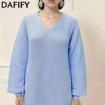 DAFIFY Женская мода повседневная осень-зима однотонный принт длинный рукав V-образный вырез свитера S небесно-голубой
