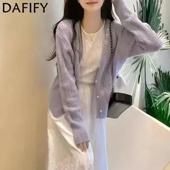 DAFIFY Женская мода повседневная осень-зима однотонный принт длинный рукав О-образный вырез свитера Size: One Size фиолетовый