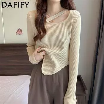 DAFIFY Женская мода повседневная осень-зима однотонный принт длинный рукав U-образный вырез свитера Size: One Size темно-коричневого