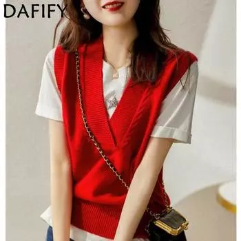 DAFIFY Женская мода повседневная осень-зима однотонный принт без рукавов V-образный вырез свитера Size: One Size