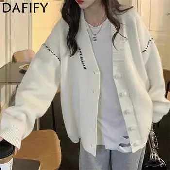 DAFIFY Женская мода повседневная осень-зима однотонный принт длинный рукав V-образный вырез свитера Size: One Size белый