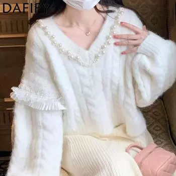 DAFIFY Женская мода повседневная осень-зима однотонный принт длинный рукав V-образный вырез свитера Size: One Size белый