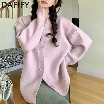 DAFIFY Женская мода повседневная осень-зима однотонный принт длинный рукав V-образный вырез свитера Size: One Size синий