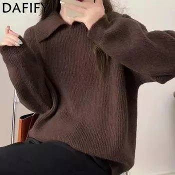 DAFIFY Женская мода повседневная осень-зима однотонный принт длинный рукав поло воротник свитера Size: One Size темно-коричневого