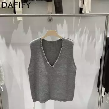 DAFIFY Женская мода повседневная осень-зима однотонный принт длинный рукав V-образный вырез свитера Size: One Size чёрный