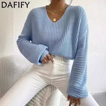 DAFIFY Женская мода повседневная осень-зима однотонный принт длинный рукав V-образный вырез свитера S небесно-голубой