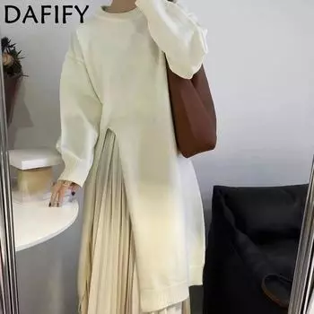 DAFIFY Женская мода повседневная осень-зима однотонный принт длинный рукав О-образный вырез свитера One size бежевый