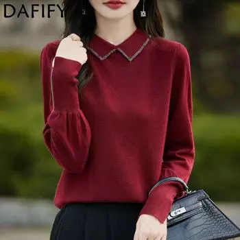 DAFIFY Женская мода повседневная осень-зима однотонный принт длинный рукав поло воротник свитера Size: One Size красный