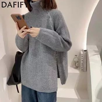 DAFIFY Женская мода повседневная осень-зима однотонный принт длинный рукав высокий ворот свитера Size: One Size серый