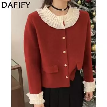 DAFIFY Женская мода повседневная осень-зима однотонный принт длинный рукав О-образный вырез свитера Size: One Size красный