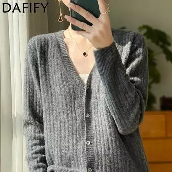 DAFIFY Женская мода повседневная осень-зима однотонный принт длинный рукав V-образный вырез свитера S серый