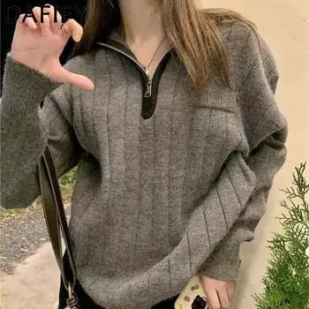 DAFIFY Женская мода повседневная осень-зима однотонный принт длинный рукав поло воротник свитера Size: One Size серый