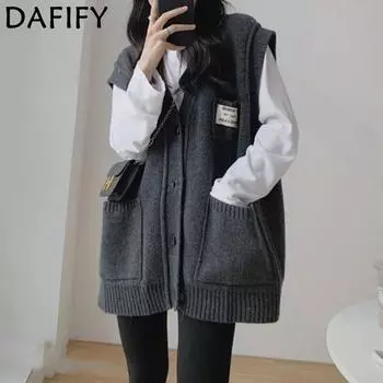 DAFIFY Женская мода повседневная осень-зима однотонный принт без рукавов V-образный вырез свитера Size: One Size темно-серого