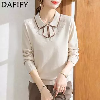 DAFIFY Женская мода повседневная осень-зима однотонный принт длинный рукав поло воротник свитера Size: One Size абрикосовый