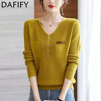 DAFIFY Женская мода повседневная осень-зима однотонный принт длинный рукав V-образный вырез свитера One Size