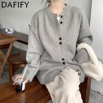 DAFIFY Женская мода повседневная осень-зима однотонный принт длинный рукав О-образный вырез свитера Size: One Size серый