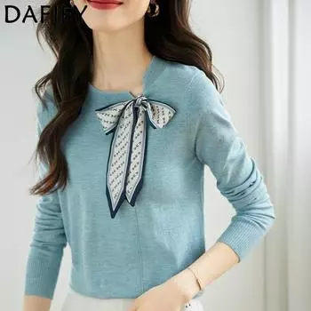 DAFIFY Женская мода повседневная осень-зима однотонный принт длинный рукав О-образный вырез свитера Size: One Size