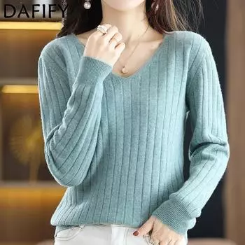 DAFIFY Женская мода повседневная осень-зима однотонный принт длинный рукав V-образный вырез свитера S белый