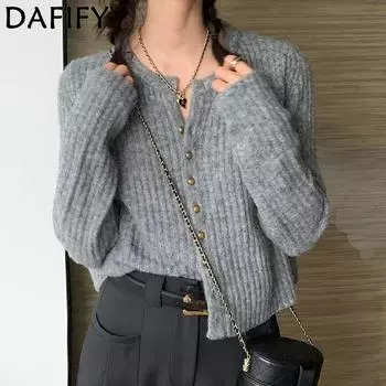 DAFIFY Женская мода повседневная осень-зима однотонный принт длинный рукав О-образный вырез свитера One size серый