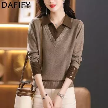 DAFIFY Женская мода повседневная осень-зима однотонный принт длинный рукав поло воротник свитера One Size бежевый