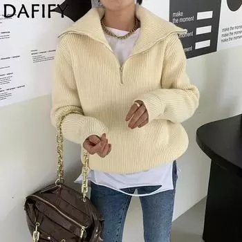 DAFIFY Женская мода повседневная осень-зима однотонный принт длинный рукав поло воротник свитера Size: One Size
