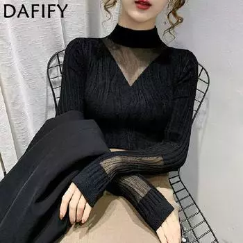 DAFIFY Женская мода повседневная осень-зима однотонный принт длинный рукав полуводолазка свитера One size чёрный