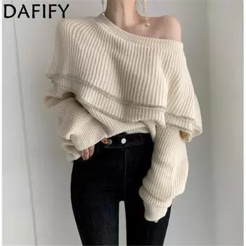 DAFIFY Женская мода повседневная осень-зима однотонный принт длинный рукав О-образный вырез свитера One size