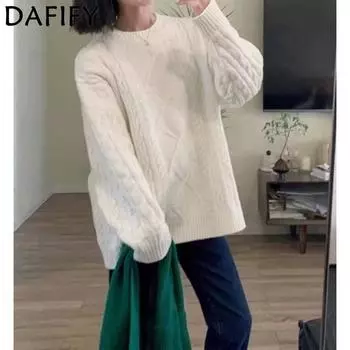 DAFIFY Женская мода повседневная осень-зима однотонный принт длинный рукав О-образный вырез свитера Size: One Size белый