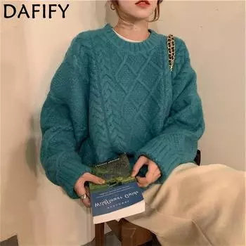 DAFIFY Женская мода повседневная осень-зима однотонный принт длинный рукав О-образный вырез свитера One size озеро синий