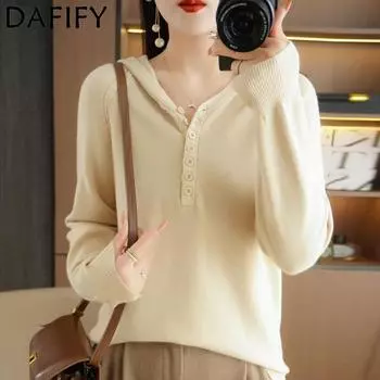 DAFIFY Женская мода повседневная осень-зима однотонный принт длинный рукав с капюшоном свитера S бежевый