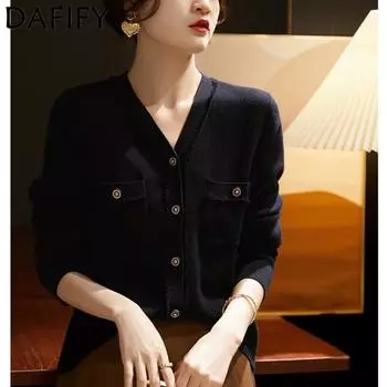 DAFIFY Женская мода повседневная осень-зима однотонный принт длинный рукав V-образный вырез свитера Size: One Size