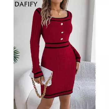 DAFIFY Женская мода повседневная осень-зима однотонный принт длинный рукав U-образный вырез свитера S бордовый