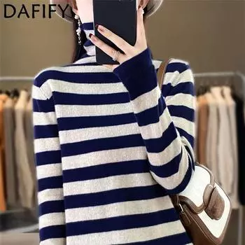 DAFIFY Женская мода повседневная осень-зима полосатый принт длинный рукав высокий ворот свитера S темно-синий
