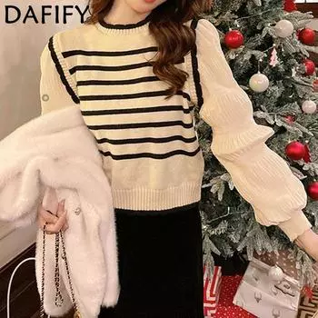 DAFIFY Женская мода повседневная осень-зима полосатый принт длинный рукав O-образный вырез свитера Size: One Size