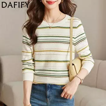 DAFIFY Женская мода повседневная осень-зима полосатый принт длинный рукав O-образный вырез свитера One Size