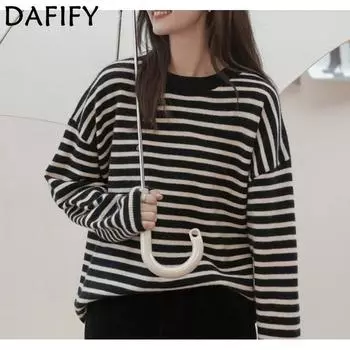 DAFIFY Женская мода повседневная осень-зима полосатый принт длинный рукав O-образный вырез свитера One Size чёрный