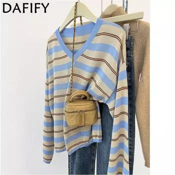 DAFIFY Женская мода повседневная осень-зима полосатый принт длинный рукав V-образный вырез свитера Size: One Size